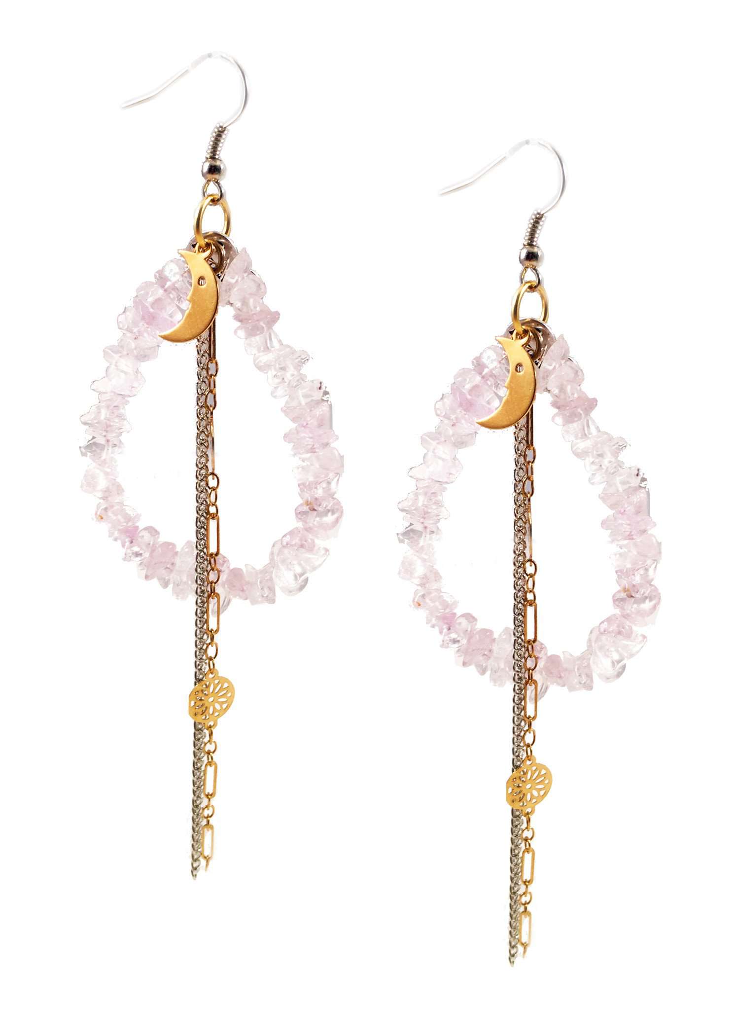 Rose Quarz Drop Earrings With Moon Charm. Perfect for Parties, Summer Time and Gift for Her.