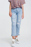 Ripped Straight Fit Jeans in Light Denim