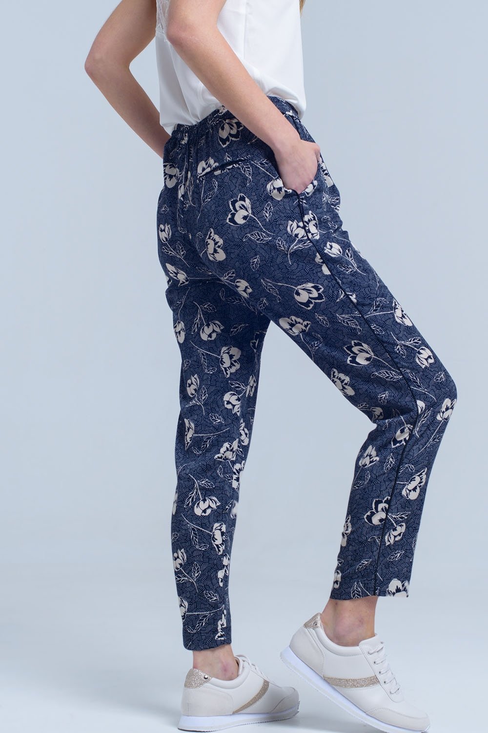 Navy Blue Pants With Floral Print